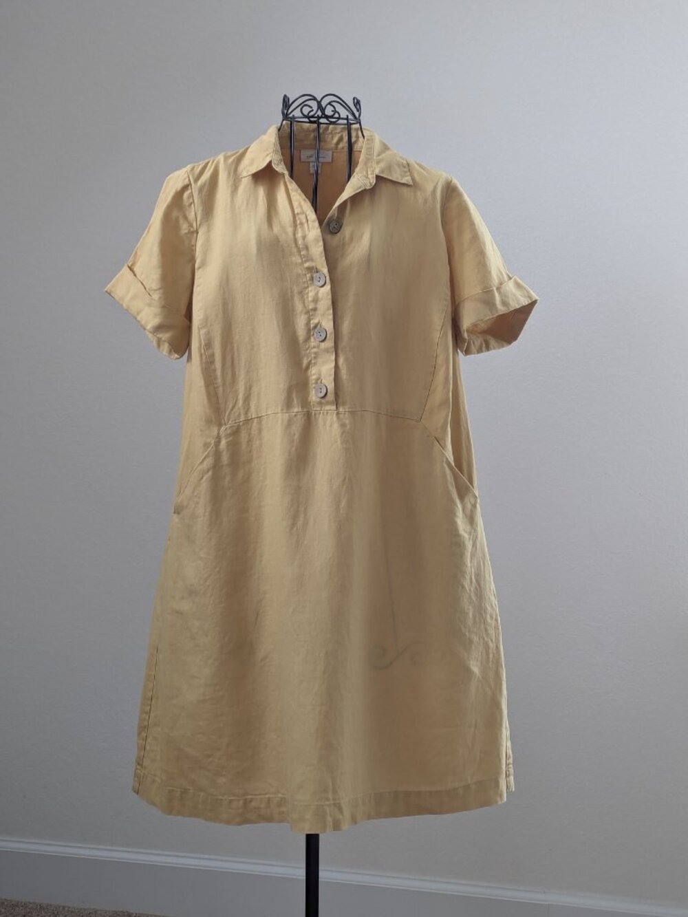 J. Jill Love Linen 100% Linen Shirt Dress XS Petite Yellow Collared Pockets
